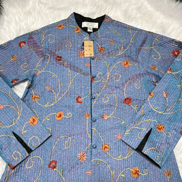 SAM HILU'S CLASSICS REVERSIBLE QUILTED JACKET FLORAL BLUE / BLACK EMBROIDERED - Picture 2 of 8